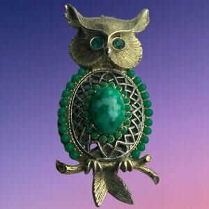 Vintage Large Owl Green Rhinestone Eyes With Green Stone Belly Set in Gold Tone